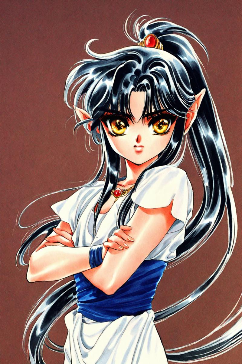 33644-2852528055-RG Veda,_Asura,solo,1girl,black hair,jewelry,crossed arms,pointy ears,long hair,yellow eyes,retro artstyle,ponytail,traditional.png